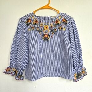 Miss Kelly 1999 Blue & White Striped Floral Embroiderize Blouse Top Small